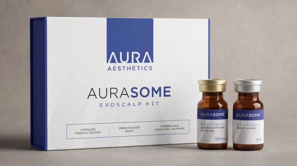 AURASOME exosome kit box with two sterile vials, stored for clinic use