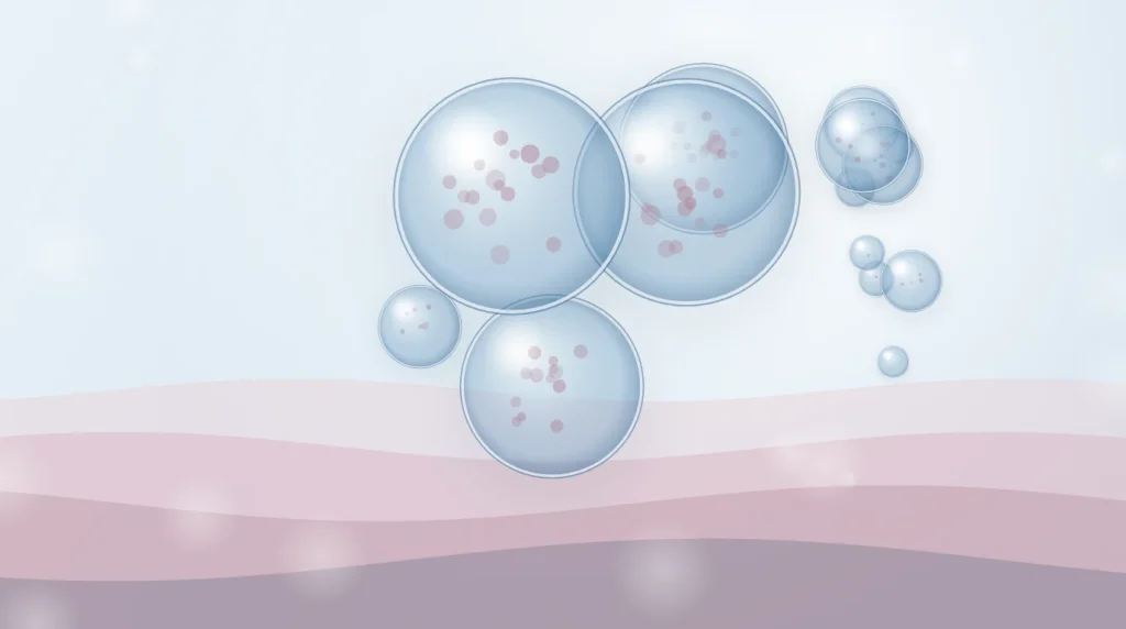 Illustration of exosome vesicles above the layers of the skin
