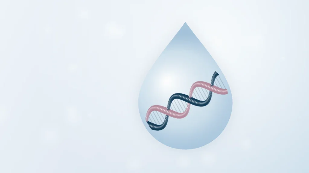 Illustration of a skincare serum drop containing a DNA strand