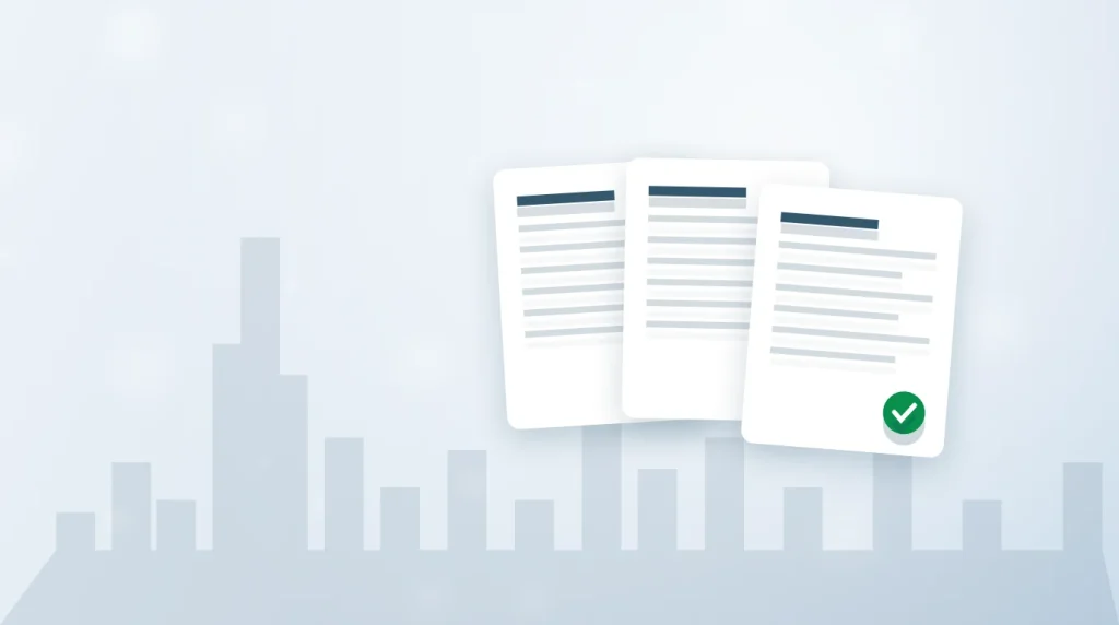 Illustration of approved registration documents in front of a city skyline